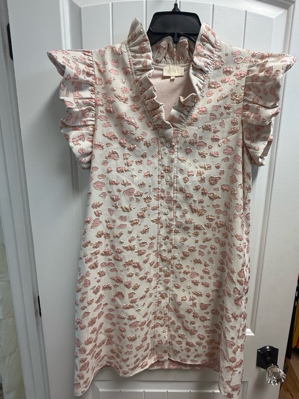 Entro Pink Gold Metallic Leopard Ruffle Sleeve Shift Dress Size S Party Glam